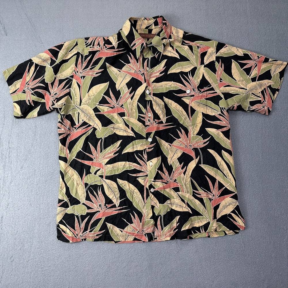 TORI RICHARD Large Floral Hawaiian Aloha Vacation Shirt Black, Green Leaves